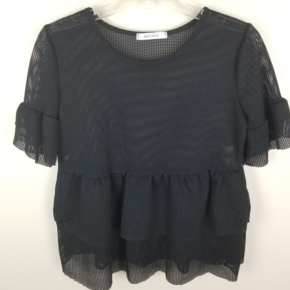 Mulaya Mesh Net Top Peplum Stretch Sexy Layer M Y2K 90s Club Rave Ruffle Medium
